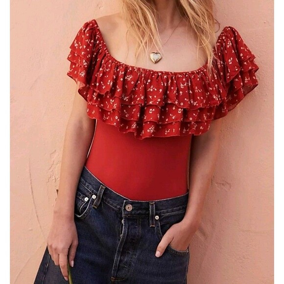 Free People Intimately Womens Red Ruffle On/Off Shoulder Body Suit Size Small - Picture 3 of 8